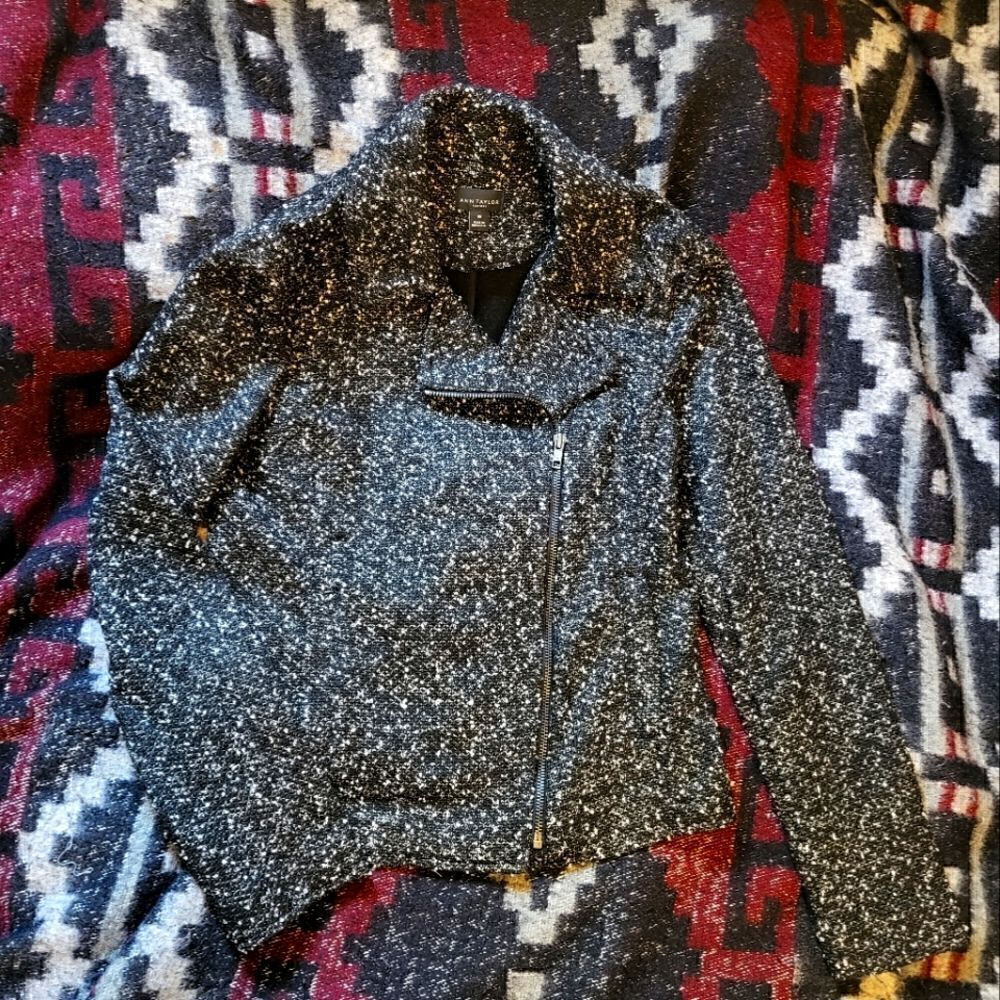 Ann Taylor Tweed Moto Zip Jacket Black White XS
